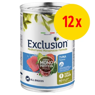 Exclusion Mediterraneo Monoprotein Formula, TUNA Tonno, Animal Mono Protein Formula, Noble Grain, NO corn wheat soy added, 12 x dåser. Til alle racer. Made in Italy.