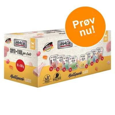 MAC's Super Food for Cats Multipack Classic, 10 x 100 g. Made in Germany. Prøv nu! Adult kattemad, grainfree, high meat content. Synlige varianter på pakken.