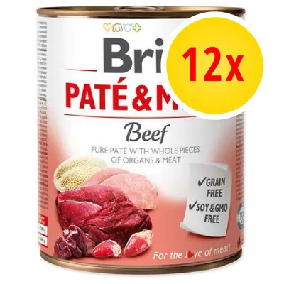Bri Paté & Meat Beef, confezione da 12x. Testo visibile: Grain free, Soy & GMO free, Pure paté with whole pieces of organs & meat.