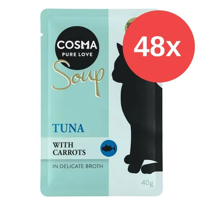 Cosma Pure Love Soup, busta da 40 g, gusto tonno con carote in brodo delicato, confezione da 48 pezzi. Immagine di silhouette di gatto e testo in inglese sulla confezione.