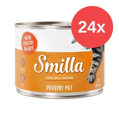 24x Smilla Poultry Pot, 200 g, con scritte: With poultry hearts, Contains taurine, Grain-free, Food for a lifetime. Immagine di una lattina con parte di un gatto visibile.