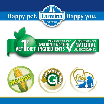Farmina Pet Foods. VET 1st DIET formulato senza ingredienti OGM, conservato solo con antiossidanti naturali. No mais. Low glycemic index. Cruelty free research.