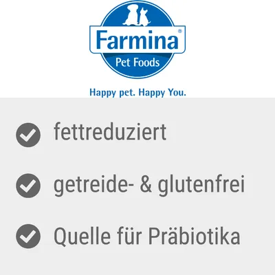Farmina Pet Foods. Fedtreduceret, korn- og glutenfri, kilde til præbiotika.