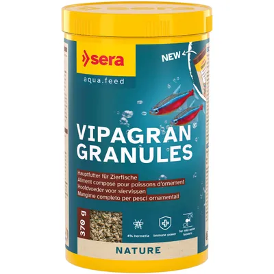 sera aqua.feed VIPAGRAN GRANULAT, Hovedfoder til prydfisk, 370 g, 4% hermetia, immunstyrke, til fisk der fodres i midtvandslaget, Nature.