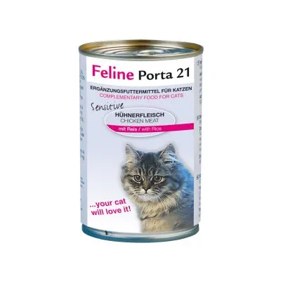 Feline Porta 21, alimento complementare per gatti, Sensitive Hühnerfleisch Chicken Meat mit Reis. Testo visibile: 'your cat will love it!'. Immagine di un gatto sul fronte.