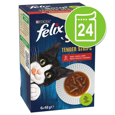 Boîte Purina Felix Tender Strips, 6 x 48 g, bœuf, poulet, agneau. Texte visible : 'Sans colorants'. Icône verte avec le chiffre 24 en haut à droite.