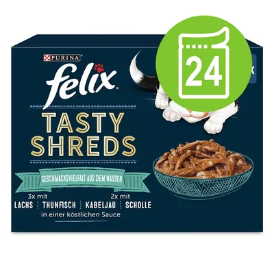 Confezione Felix Tasty Shreds, visibile ciotola con straccetti in salsa, testo tedesco sugli ingredienti e simbolo verde con numero 24 in alto a destra.