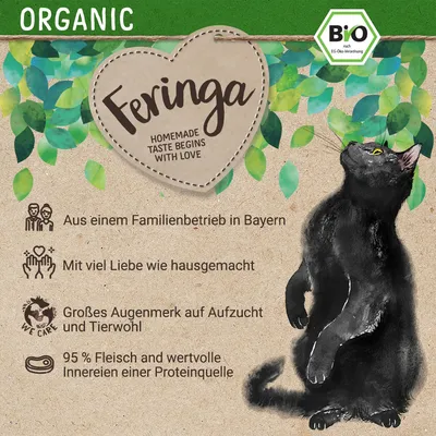 Feringa Organic: Aus Familienbetrieb in Bayern, mit Liebe hausgemacht, Fokus auf Tierwohl, 95% Fleisch und Innereien einer Proteinquelle, Bio nach EG-Öko-Verordnung.
