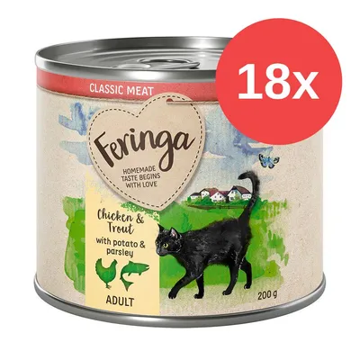 Feringa Classic Meat, Chicken & Trout with potato & parsley, ADULT, 200 g. Confezione da 18x. Immagine di un gatto nero su sfondo campestre.