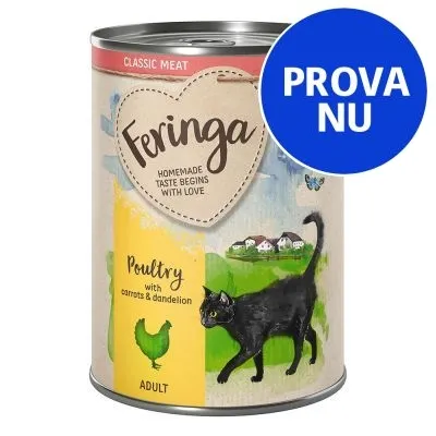 Feringa Classic Meat Poultry with carrots & dandelion Adult. Text: PROVA NU. Burk med illustration av svart katt och landskap. Text på engelska.