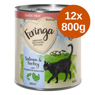 Feringa Classic Meat kattenvoer, zalm & kalkoen met courgette en waterkers, adult, 12x800g blikken. Tekst: Homemade taste begins with love.