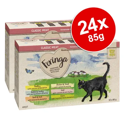 Feringa Classic Meat, pack de 24 x 85 g. Variedades visibles: pollo con zanahorias y diente de león, pato con brócoli, conejo con espino amarillo, ternera con tomillo, caza con arándanos.