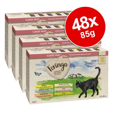 Feringa Classic Meat, lot de 48 x 85 g pour chats adultes. Variétés visibles : volaille, lapin & dinde, canard & veau, poulet & truite, veau, gibier. Sans céréales.