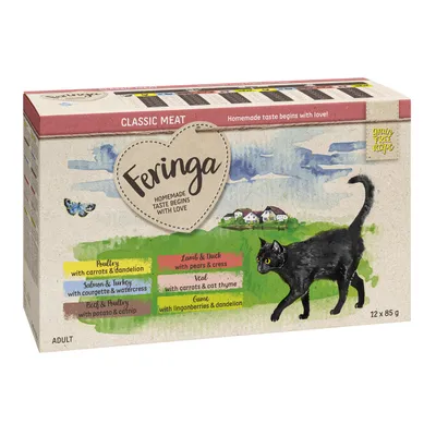 Feringa Classic Meat, 12 x 85 g. Saveurs visibles : volaille carottes pissenlit, agneau canard poires cresson, saumon dinde courgette cresson, bœuf volaille pomme de terre cataire. Feringa Classic Meat, 12 x 85 g. Saveurs visibles : volaille carottes pissenlit, agneau canard poires cresson, saumon dinde courgette cresson, bœuf volaille pomme de terre cataire.