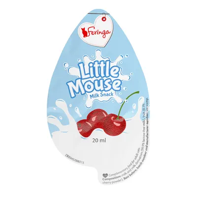 Feringa Little Mouse Milk Snack, 20 ml. Kirsikkakuvio ja maitoroiske pakkauksessa. Teksti englanniksi: 'Milk Snack'.