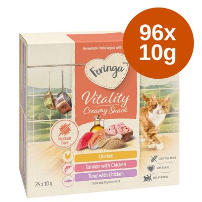Feringa Vitality Creamy Snack, 96x10g. Soorten: kip, zalm met kip, tonijn met kip. Graanvrij recept, met taurine, inuline en psyllium voor haarbalverzorging.