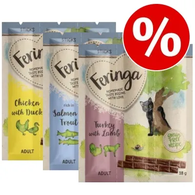 Feringa Sticks kattgodis, synliga smaker: Chicken with Duck, Salmon Trout, Turkey with Lamb. Text: grain free recipe, ADULT, 18 g. Röd rabatt-symbol med procenttecken.