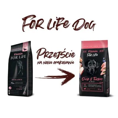 Fitmin For Life Dog, transition vers un nouvel emballage. Ancien sac : Duck & Rice 14 kg. Nouveau sac : Duck & Turkey & Rice 12 kg. Texte polonais : Przejście na nowe opakowanie.