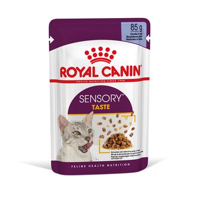 Sensory Taste chunks in jelly, 85g. Image shows food pieces and a cat next to the product name.