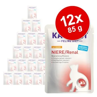 Kattovit Feline Diet NIERE/Renal med kyckling, 12 x 85 g portionspåsar. Text: fosforhalt reducerat, proteinhalt reducerat, högvärdiga proteiner, förbättrad receptur.