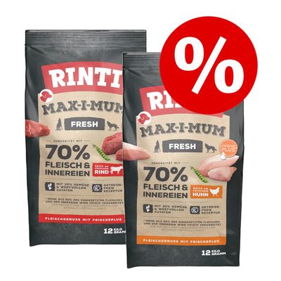 Blandpack: 2 sorter Rinti Max-i-mum torrfoder Kyckling + Våm (2 x 12 kg)