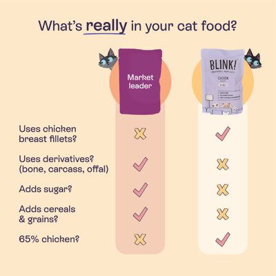 Comparison table: Market leader and BLINK! chicken reveal differences in breast fillets, derivatives, sugar, cereals, and 65% chicken. Rating scale with 5 criteria.