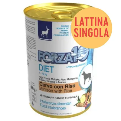 Forza10 Diet Hypoallergenic Cervo con Riso, lattina singola 400 g. Intolleranze alimentari, formula veterinaria per cani. Ingredienti visibili: alga rossa, maitake, aloe, melograno, papaya, ginseng, ananas. Forza10 Diet Hypoallergenic Cervo con Riso, lattina singola 400 g. Intolleranze alimentari, formula veterinaria per cani. Ingredienti visibili: alga rossa, maitake, aloe, melograno, papaya, ginseng, ananas.