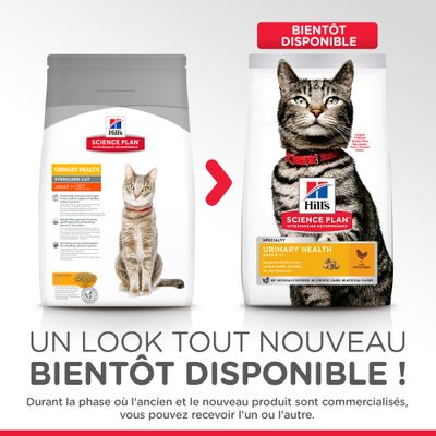 Deux sacs Hill's Science Plan Urinary Health Sterilised Cat Adult poulet, ancien et nouveau design. Texte : Bientôt disponible. Vous pouvez recevoir l’un ou l’autre emballage.