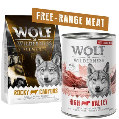 Wolf of Wilderness Rocky Canyons cibo secco 300g e High Valley cibo umido 400g, 100% senza cereali, carne di manzo allevata all’aperto fresca.