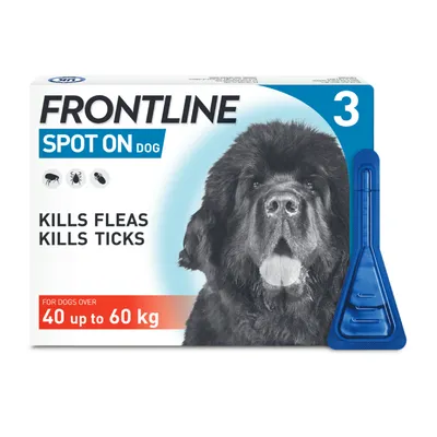Frontline Spot On for dogs over 40 to 60 kg, kills fleas and ticks. Pack shows three doses and includes an applicator.