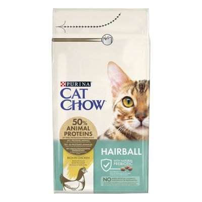 Purina Cat Chow Hairball, 50% proteine animali, ricco in pollo, con prebiotico naturale, senza coloranti, aromi o conservanti artificiali. Immagine di un gatto e una gallina.