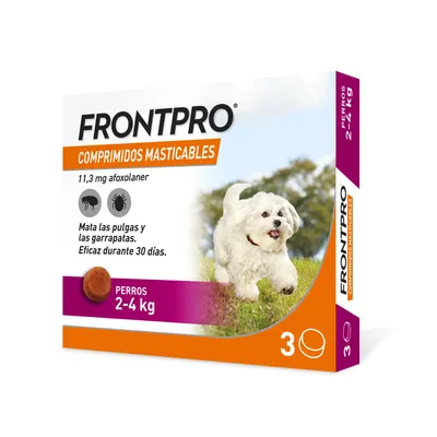 Frontpro comprimidos masticables, 11,3 mg de afoxolaner. Eficaz contra pulgas y garrapatas para perros de 2-4 kg. Paquete con 3 comprimidos, eficacia 30 días.