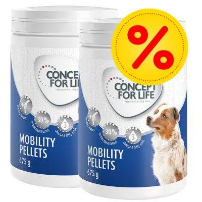 Dvě dózy Concept for Life Mobility Pellets 675 g, nápis 30 % New Zealand Green Lipped Mussel Extract, obrázek psa, žlutý symbol procenta v červeném kruhu.