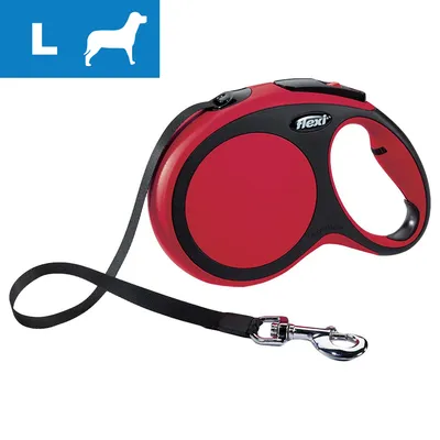 Guinzaglio avvolgibile Flexi rosso e nero con moschettone in metallo, taglia L indicata da icona cane e lettera L su sfondo blu in alto a sinistra.