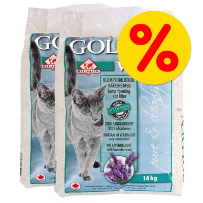 Golden Grey - kissanhiekka, 2 x 14 kg, laventelintuoksu, klumppaava, imukyky 320 %, tarjousmerkki näkyvissä pakkauksessa.