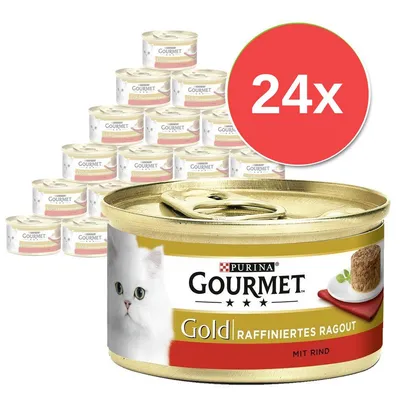 Balíček 24 konzerv Purina Gourmet Gold Raffiniertes Ragout mit Rind, na etiketě bílá kočka a obrázek masové porce. Text na obalu v němčině. Balíček 24 konzerv Purina Gourmet Gold Raffiniertes Ragout mit Rind, na etiketě bílá kočka a obrázek masové porce. Text na obalu v němčině.