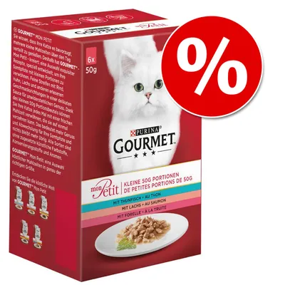 Purina Gourmet Mon Petit, 6x50g, pequenas porções para gatos. Variedades: atum, salmão, truta. Sinal de desconto visível no canto superior direito. Purina Gourmet Mon Petit, 6x50g, pequenas porções para gatos. Variedades: atum, salmão, truta. Sinal de desconto visível no canto superior direito.