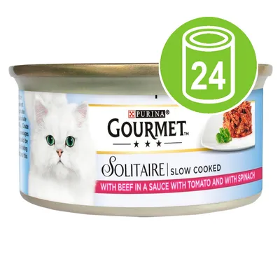 Gourmet Solitaire slow cooked with beef in a sauce with tomato and spinach, 24 cans pack. Gourmet Solitaire slow cooked with beef in a sauce with tomato and spinach, 24 cans pack.