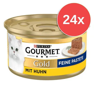 Konzerva Purina Gourmet Gold Feine Pastete mit Huhn, balení 24x. Na obalu bílá kočka a obrázek paštiky na talíři.