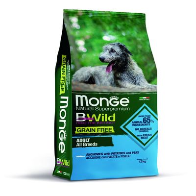 Monge Natural Superpremium BWild Grain Free Adult All Breeds, acciughe con patate e piselli, più del 65% ingredienti animali, senza cereali, sacco da 12 kg.