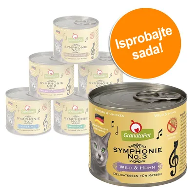 GranataPet Symphonie No.1–No.5 konzerve za mačke, različite vrste mesa i ribe, natpis 'Isprobajte sada!' na narančastom krugu, vidljiv tekst na limenkama. GranataPet Symphonie No.1–No.5 konzerve za mačke, različite vrste mesa i ribe, natpis 'Isprobajte sada!' na narančastom krugu, vidljiv tekst na limenkama.