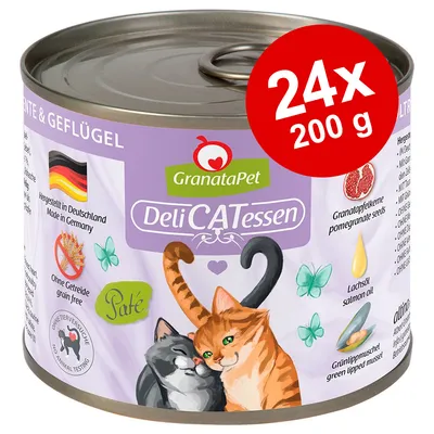GranataPet DeliCATessen kattemad, 24x200 g. Tekst: Hergestellt in Deutschland, Ohne Getreide, Paté, Granatæblekerner, Lachsöl, Grünlippmuschel, No animal testing. Billede af to katte.