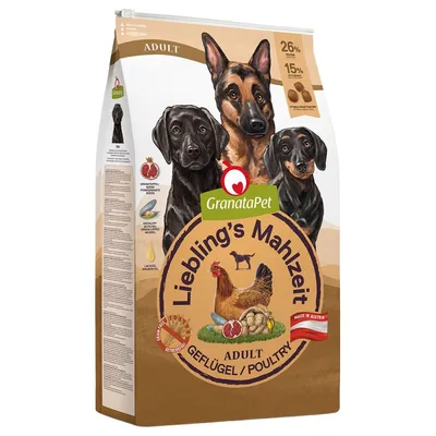 GranataPet Liebling’s Mahlzeit Adult Geflügel/Poultry, 26% proteine, 15% grassi, confezione con illustrazioni di tre cani e ingredienti visibili. Made in Austria. GranataPet Liebling’s Mahlzeit Adult Geflügel/Poultry, 26% proteine, 15% grassi, confezione con illustrazioni di tre cani e ingredienti visibili. Made in Austria.