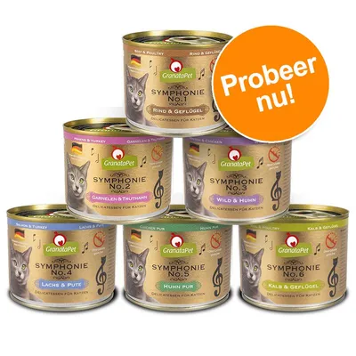 GranataPet Symphonie natvoer voor katten, varianten: Rind & Geflügel, Garnelen & Truthahn, Wild & Huhn, Lachs & Pute, Huhn pur, Kalb & Geflügel. Oranje cirkel met tekst: Probeer nu!