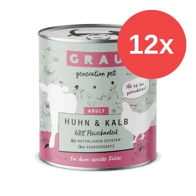 GRAU generation pet ADULT Huhn & Kalb, 68% Fleischanteil, mit natürlichen Zutaten, ohne Zuckerzusatz, 12x puszka karmy dla kotów. Tekst na opakowaniu w języku niemieckim.