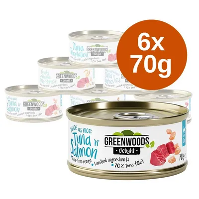 6 puszek Greenwoods Delight 70 g, widoczne smaki: Tuna 'n' Salmon, Tuna Temptation, Baby Delicious Tuna Shrimp, Tuna 'n' Anchovies. Na etykiecie: 70 % tuna fillet, limited ingredients.