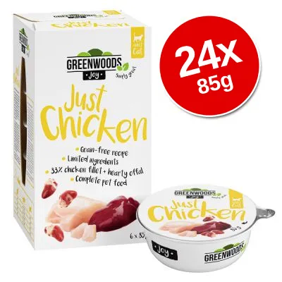 GREENWOODS Joy Just Chicken, grain-free recipe, limited ingredients, 33% chicken fillet + hearty offal, complete pet food. Pack of 24 x 85g. GREENWOODS Joy Just Chicken, grain-free recipe, limited ingredients, 33% chicken fillet + hearty offal, complete pet food. Pack of 24 x 85g.