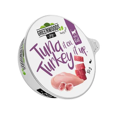Greenwoods Joy Adult Cat våtfoder, sort Tuna it on. Turkey it up., 85g burk med bild på tonfisk och kalkonkött.