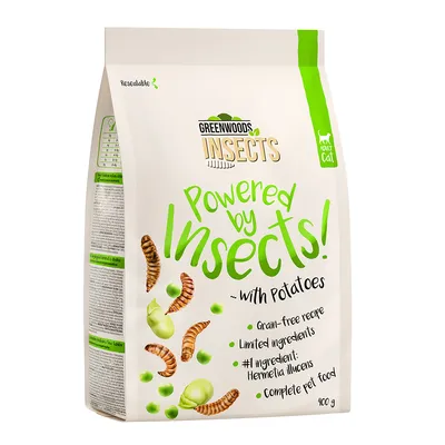 Sac Greenwoods Insects pour chat adulte, texte visible : Powered by Insects! with potatoes, grain-free recipe, limited ingredients, #1 ingredient Hermetia illucens, 400 g.