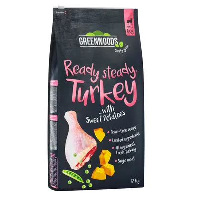 Greenwoods Adult Dog cibo secco, Ready Steady Turkey con patate dolci, senza cereali, carne fresca di tacchino, ingredienti limitati, carne singola, confezione da 12 kg.